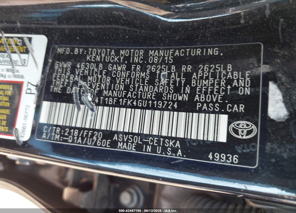 2016 TOYOTA CAMRY SE VIN: 4T1BF1FK4GU119724