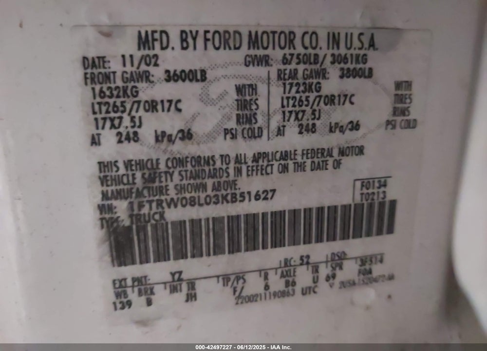 2003 FORD F-150 LARIAT/XLT VIN: 1FTRW08L03KB51627