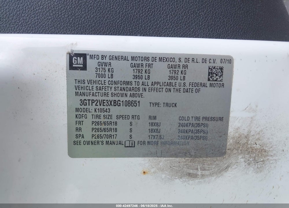2011 GMC SIERRA 1500 VIN: 3GTP2VE3XBG108651