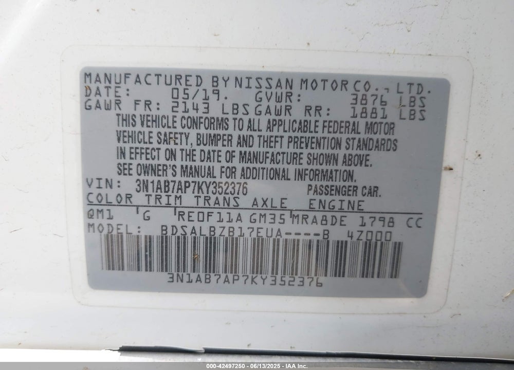 2019 NISSAN SENTRA VIN: 3N1AB7AP7KY352376