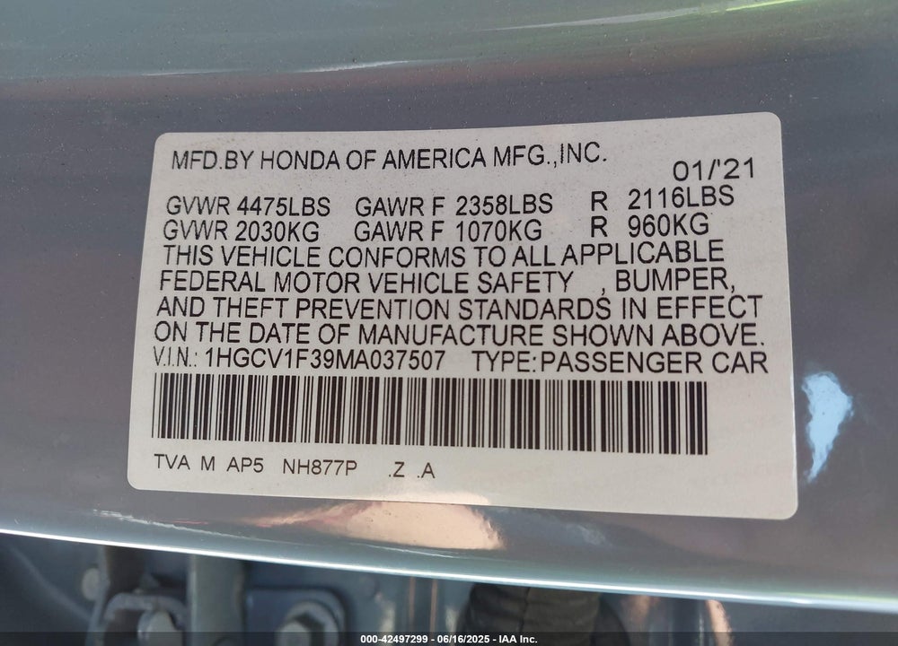 2021 HONDA ACCORD SPORT VIN: 1HGCV1F39MA037507