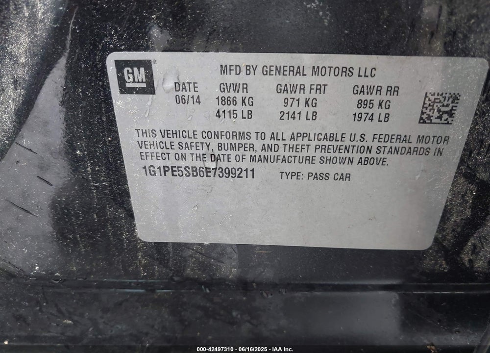 2014 CHEVROLET CRUZE VIN: 1G1PE5SB6E7399211