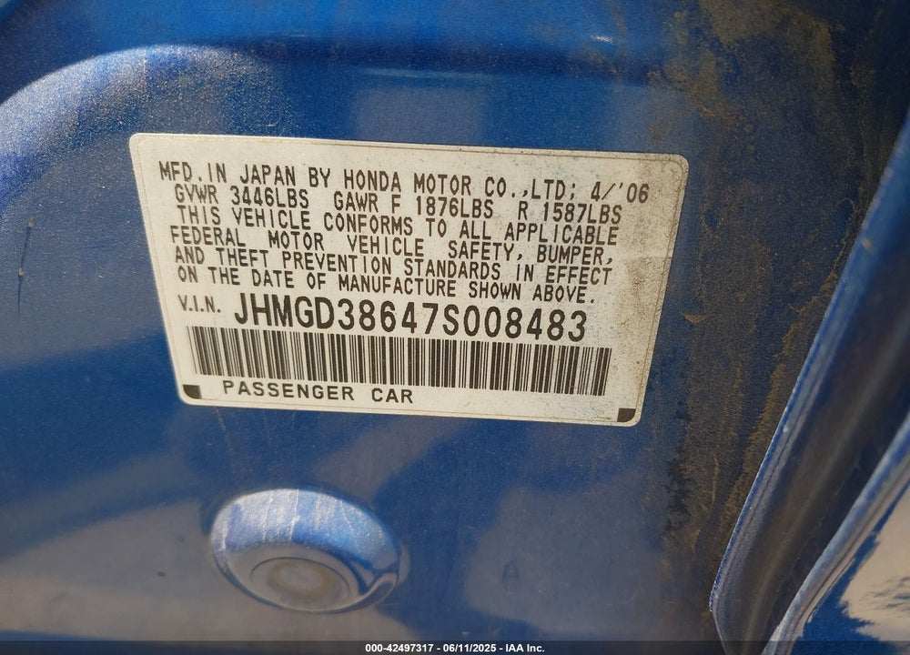 2007 HONDA FIT SPORT VIN: JHMGD38647S008483