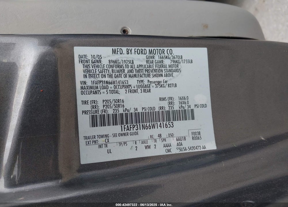 2006 FORD FOCUS ZX3 VIN: 1FAFP31N66W141653