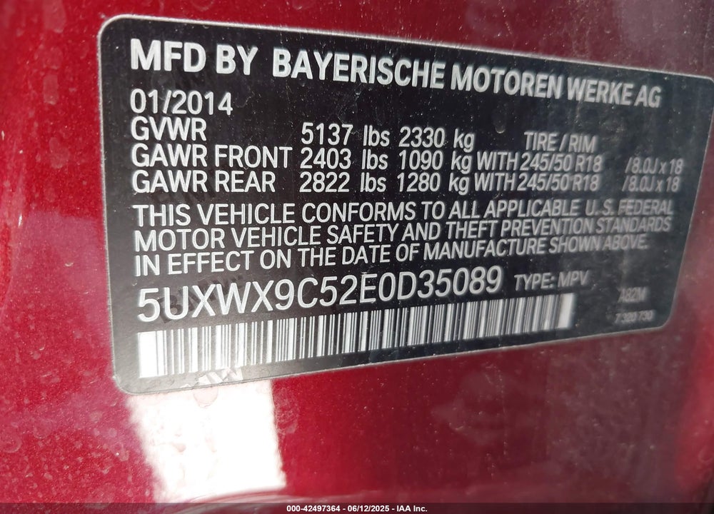 2014 BMW X3 XDRIVE28I VIN: 5UXWX9C52E0D35089