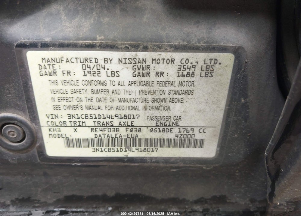 2004 NISSAN SENTRA 1.8S VIN: 3N1CB51D14L918017