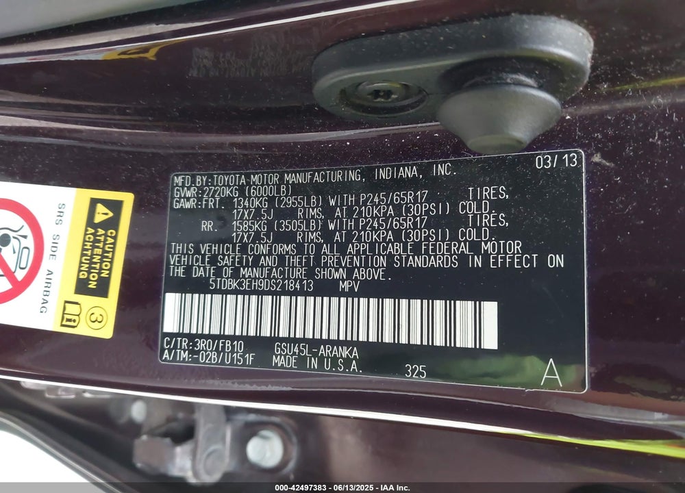 2013 TOYOTA HIGHLANDER VIN: 5TDBK3EH9DS218413