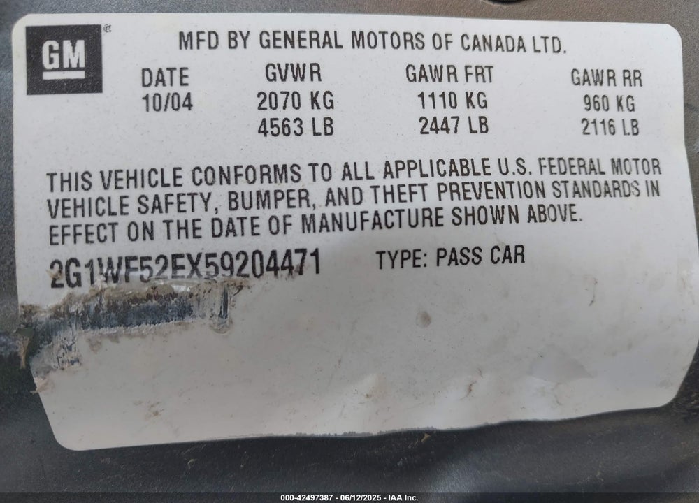 2005 CHEVROLET IMPALA VIN: 2G1WF52EX59204471