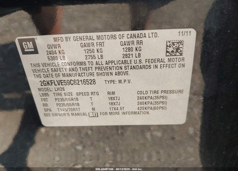 2012 GMC TERRAIN SLT-1 VIN: 2GKFLVE59C6216528