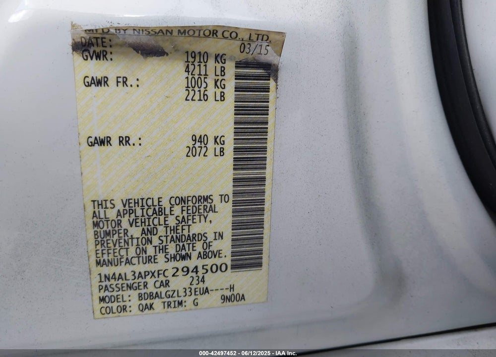 2015 NISSAN ALTIMA VIN: 1N4AL3APXFC294500