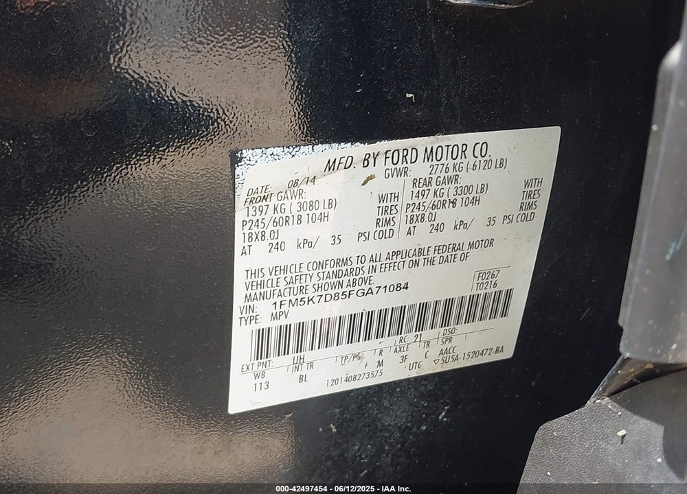 2015 FORD EXPLORER VIN: 1FM5K7D85FGA71084