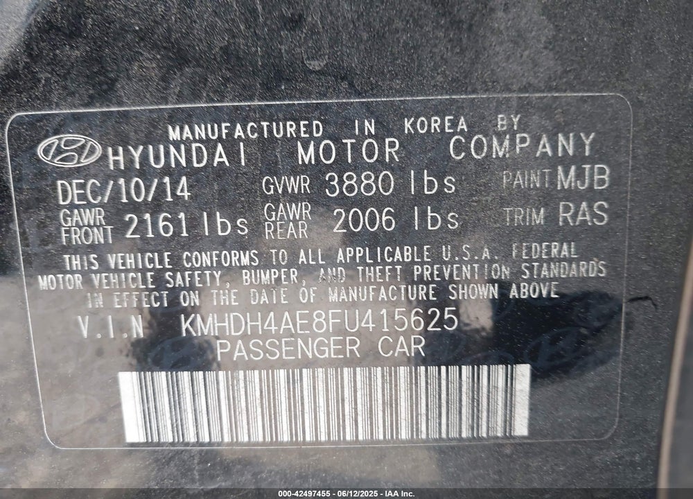 2015 HYUNDAI ELANTRA SE VIN: KMHDH4AE8FU415625