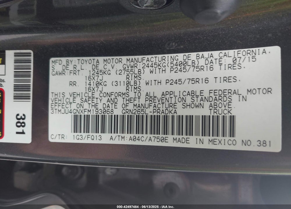 2015 TOYOTA TACOMA VIN: 3TMJU4GNXFM193068