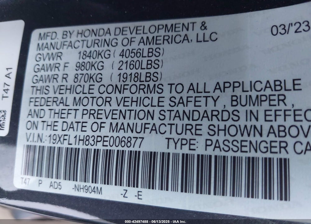 2023 HONDA CIVIC VIN: 19XFL1H83PE006877