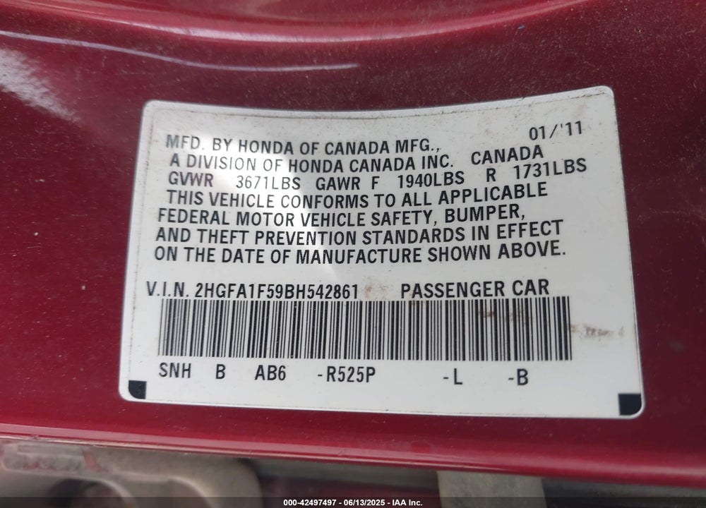 2011 HONDA CIVIC VIN: 2HGFA1F59BH542861
