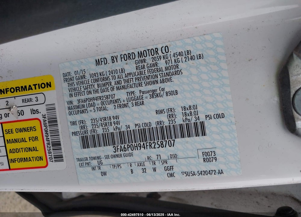 2015 FORD FUSION SE VIN: 3FA6P0H94FR258707