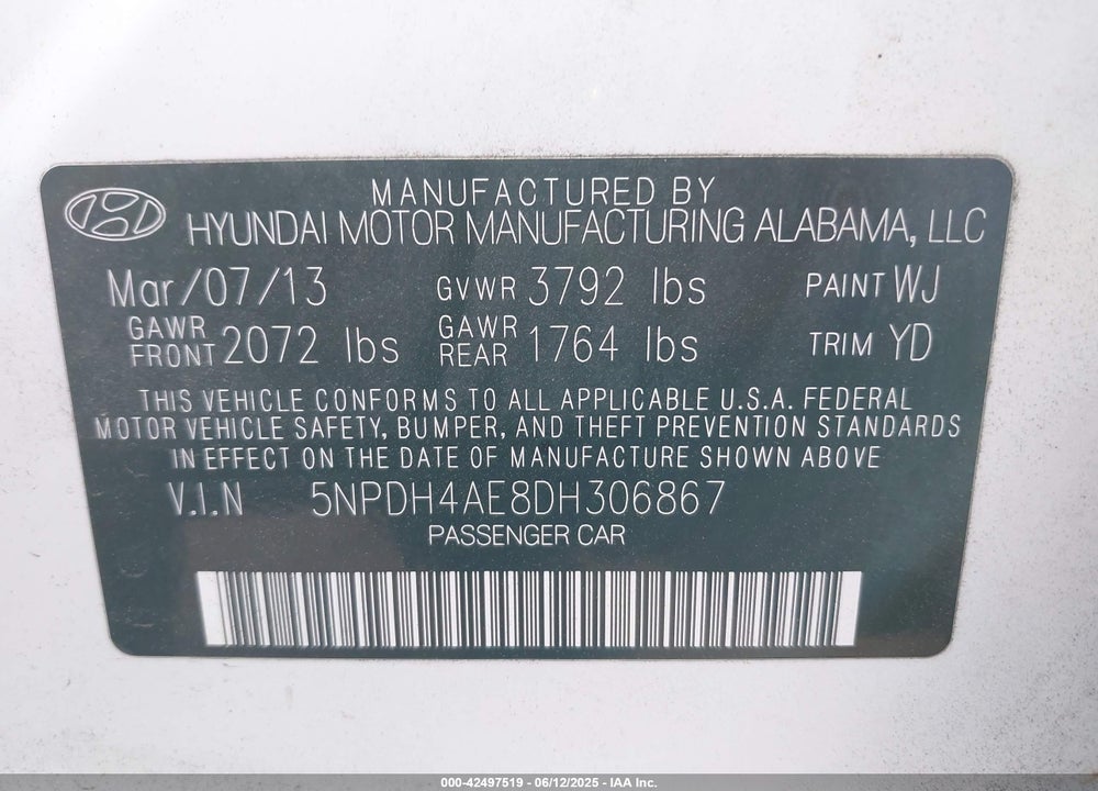 2013 HYUNDAI ELANTRA VIN: 5NPDH4AE8DH306867