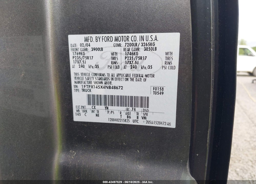 2004 FORD F-150 FX4/LARIAT/XL/XLT VIN: 1FTPX145X4NB48672