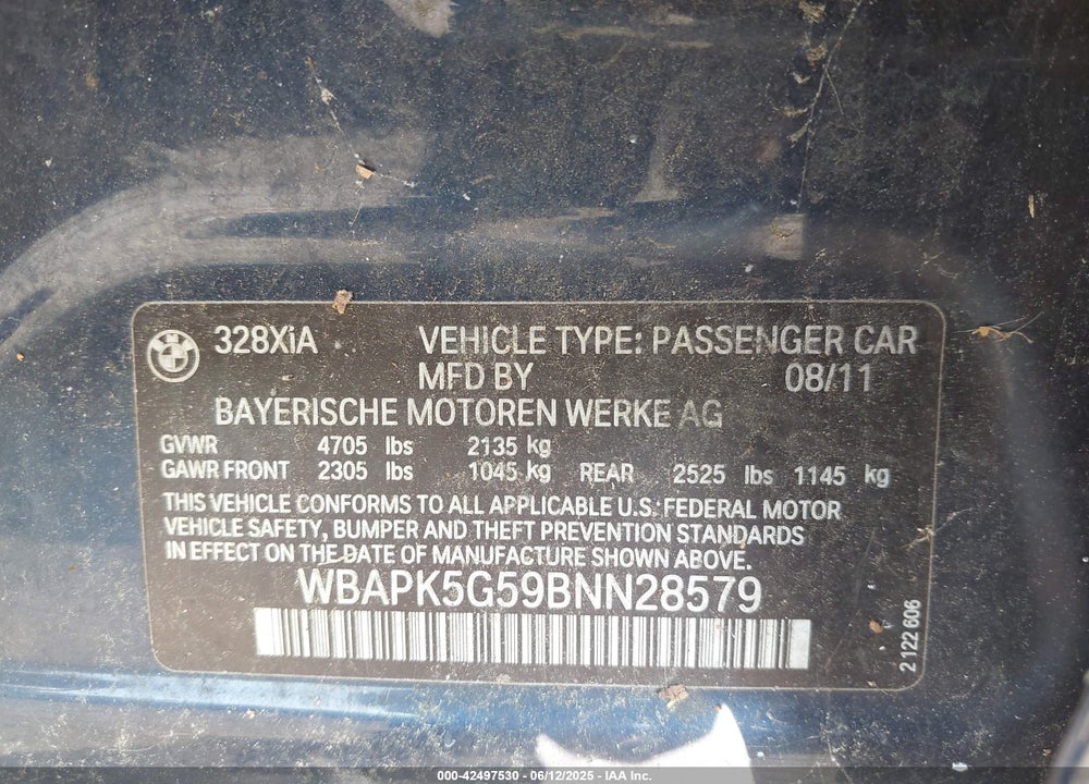 2011 BMW 328I XDRIVE VIN: WBAPK5G59BNN28579