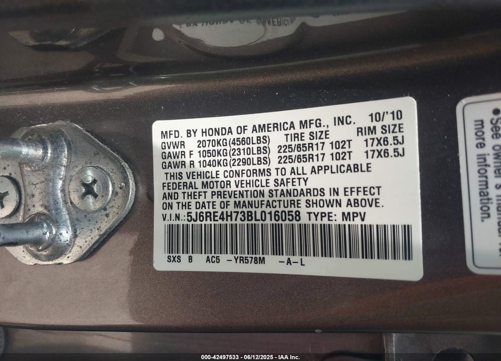 2011 HONDA CR-V EX-L VIN: 5J6RE4H73BL016058