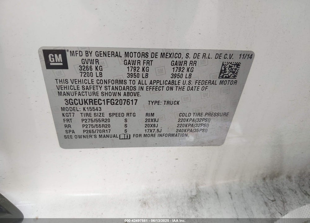 2015 CHEVROLET SILVERADO 1500 VIN: 3GCUKREC1FG207617