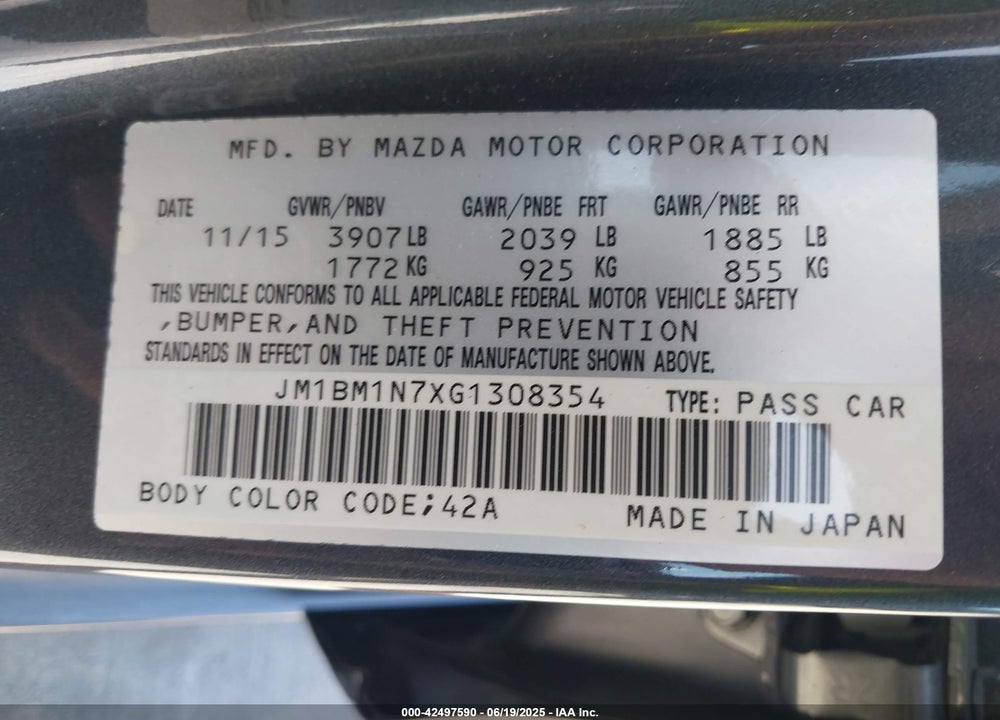 2016 MAZDA 3 I GRAND TOURING VIN: JM1BM1N7XG1308354