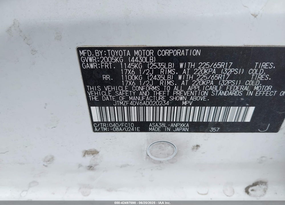 2010 TOYOTA RAV4 VIN: JTMZF4DV6AD020234