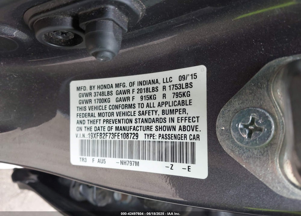 2015 HONDA CIVIC VIN: 19XFB2F73FE108729
