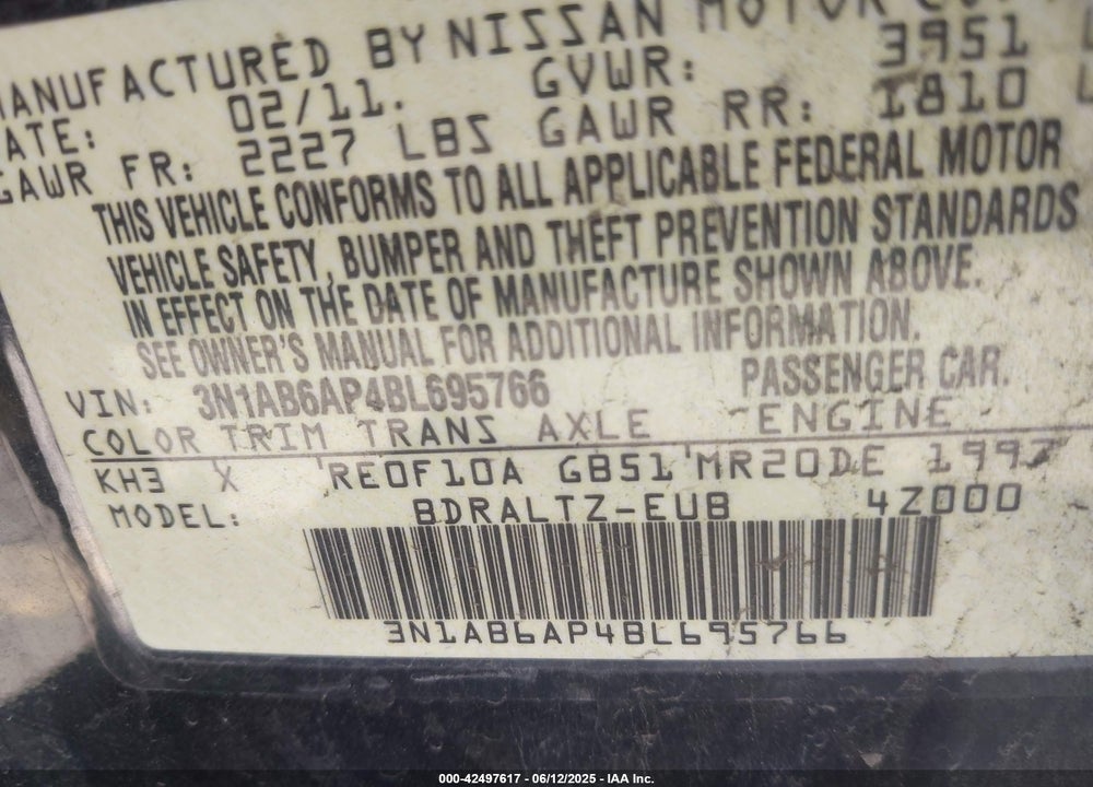 2011 NISSAN SENTRA 2.0S VIN: 3N1AB6AP4BL695766