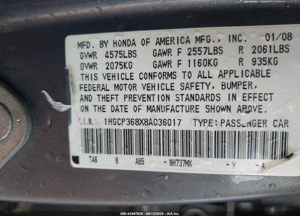 2008 HONDA ACCORD 3.5 EX-L VIN: 1HGCP368X8A036017