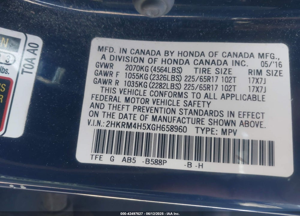 2016 HONDA CR-V VIN: 2HKRM4H5XGH658960