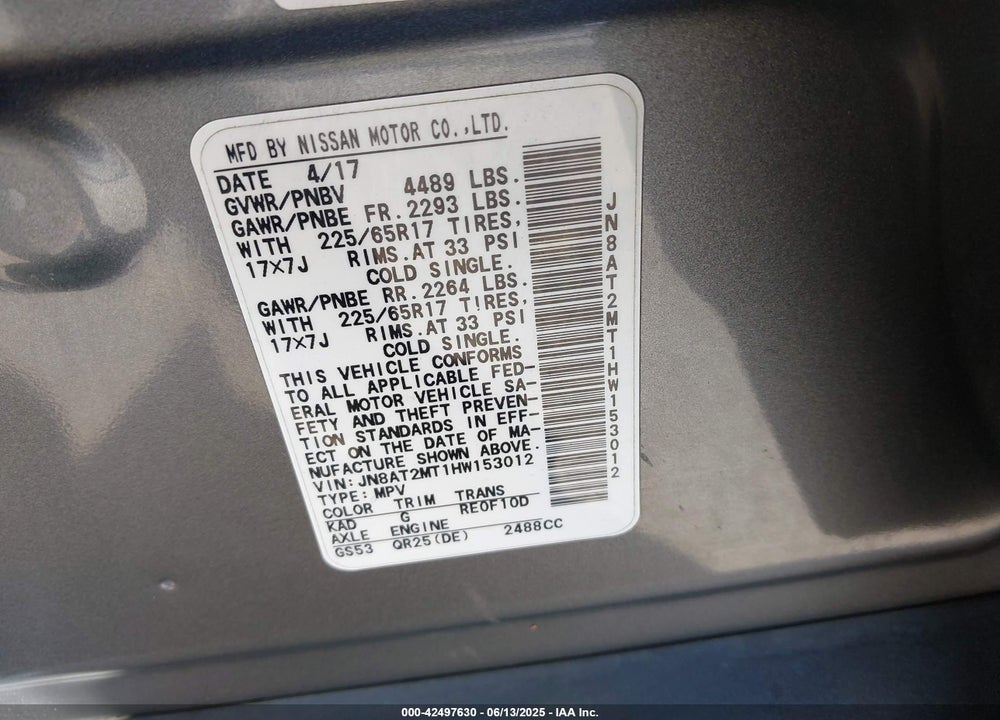 2017 NISSAN ROGUE VIN: JN8AT2MT1HW153012