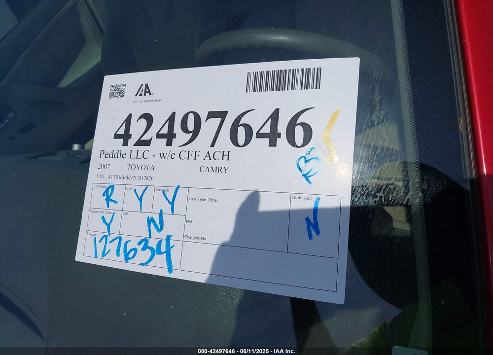 2007 TOYOTA CAMRY LE V6/SE V6/XLE V6 VIN: 4T1BK46K97U017820