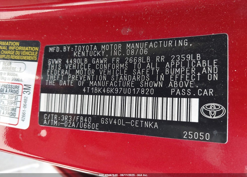 2007 TOYOTA CAMRY LE V6/SE V6/XLE V6 VIN: 4T1BK46K97U017820