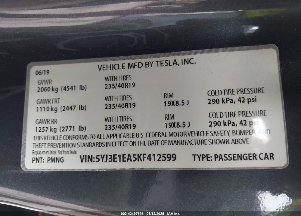 2019 TESLA MODEL 3 VIN: 5YJ3E1EA5KF412599