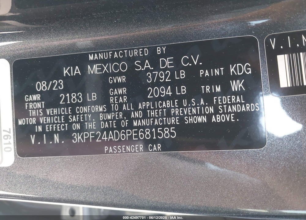 2023 KIA FORTE VIN: 3KPF24AD6PE681585