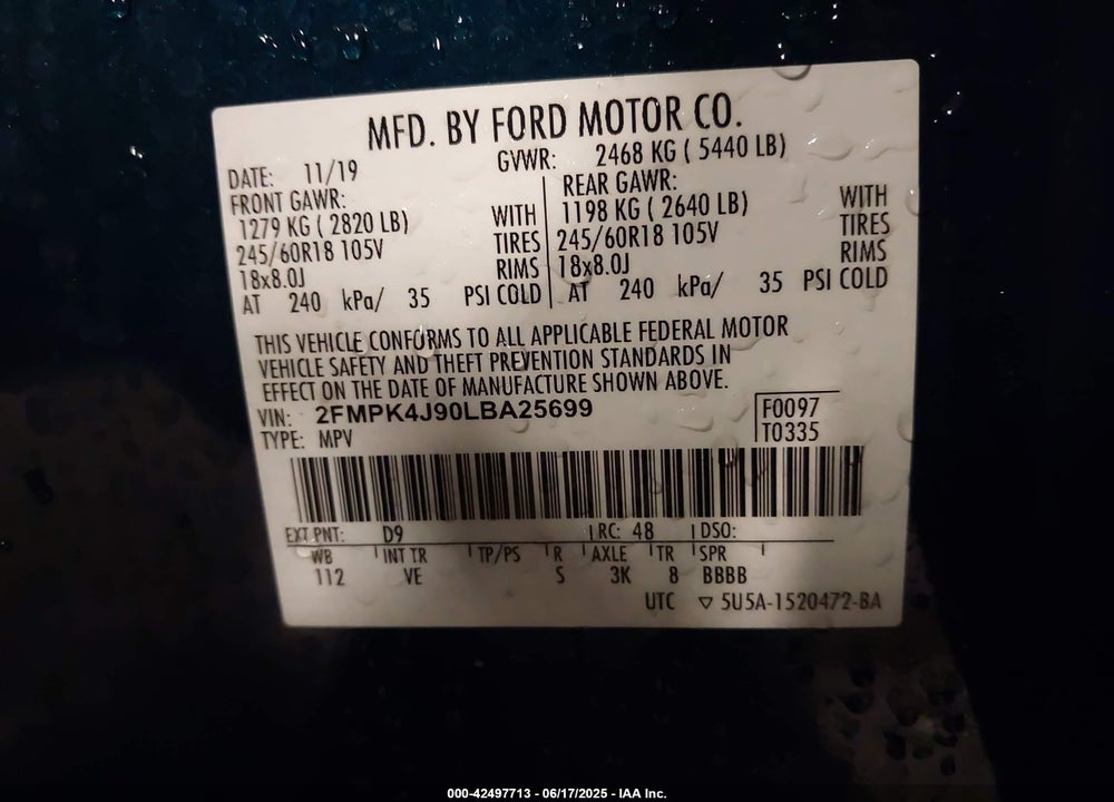 2020 FORD EDGE VIN: 2FMPK4J90LBA25699
