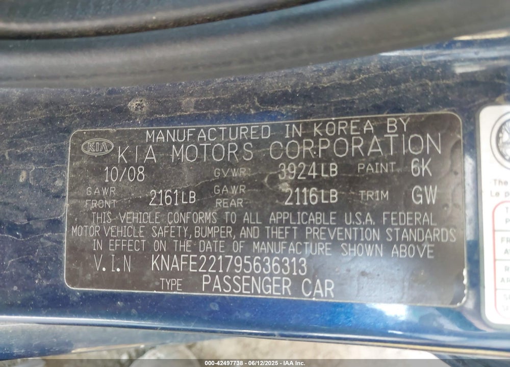 2009 KIA SPECTRA EX VIN: KNAFE221795636313