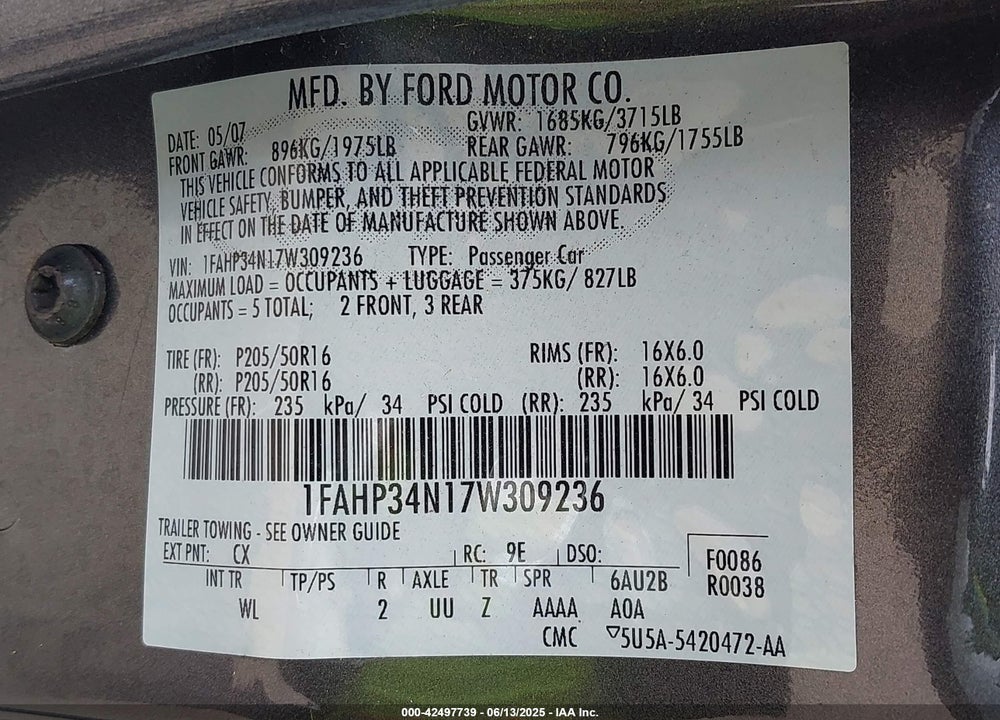 2007 FORD FOCUS ZX4/S/SE/SES VIN: 1FAHP34N17W309236