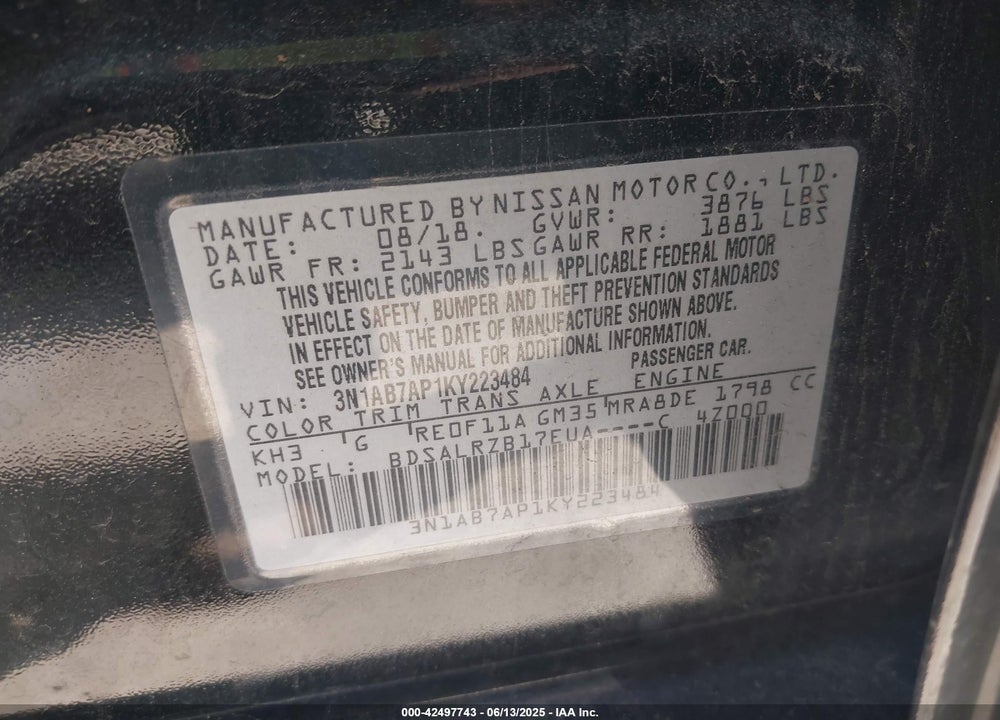 2019 NISSAN SENTRA VIN: 3N1AB7AP1KY223484