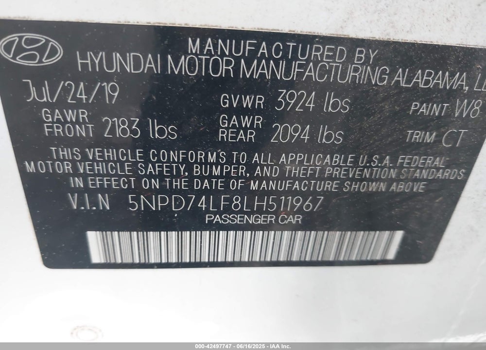 2020 HYUNDAI ELANTRA VIN: 5NPD74LF8LH511967