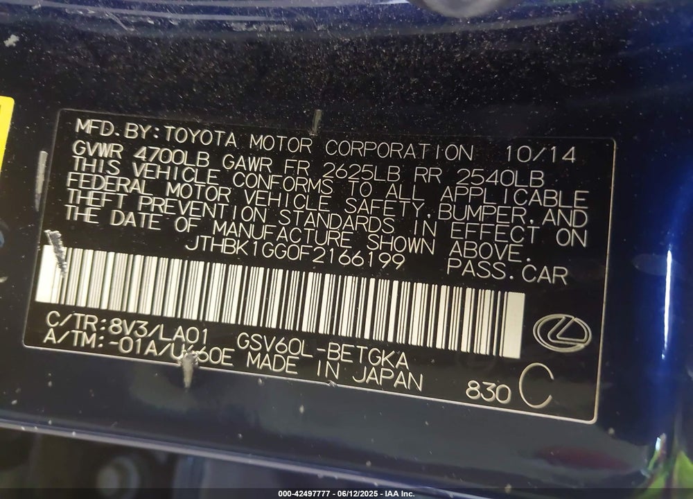 2015 LEXUS ES 350 VIN: JTHBK1GG0F2166199