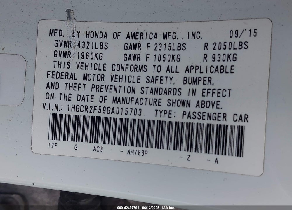 2016 HONDA ACCORD VIN: 1HGCR2F59GA015703