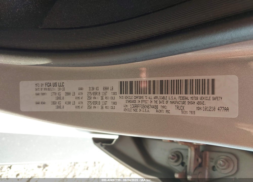 2019 RAM 1500 VIN: 1C6RRFFG5KN674498