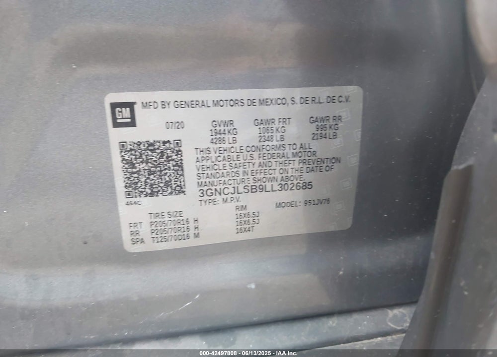 2020 CHEVROLET TRAX VIN: 3GNCJLSB9LL302685