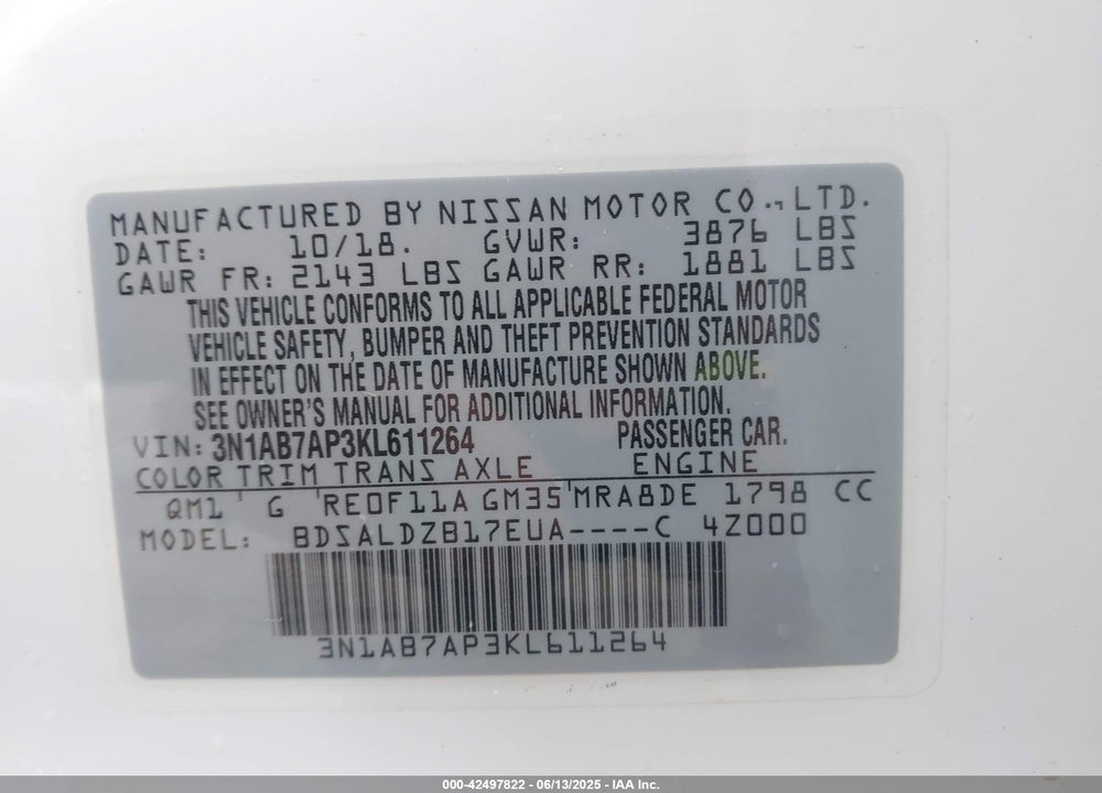 2019 NISSAN SENTRA VIN: 3N1AB7AP3KL611264