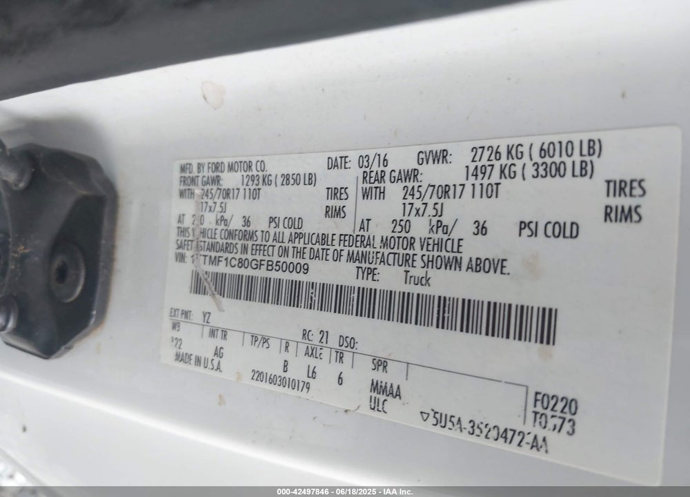 2016 FORD F150 VIN: 1FTMF1C80GFB50009