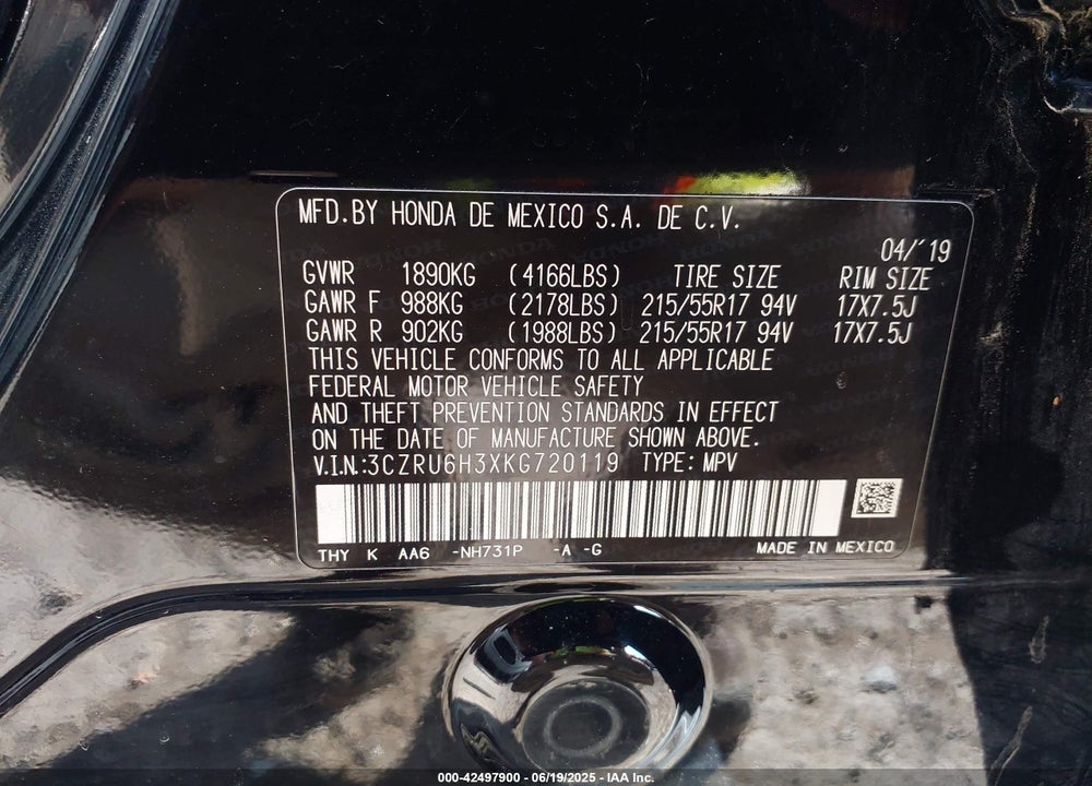 2019 HONDA HR-V VIN: 3CZRU6H3XKG720119
