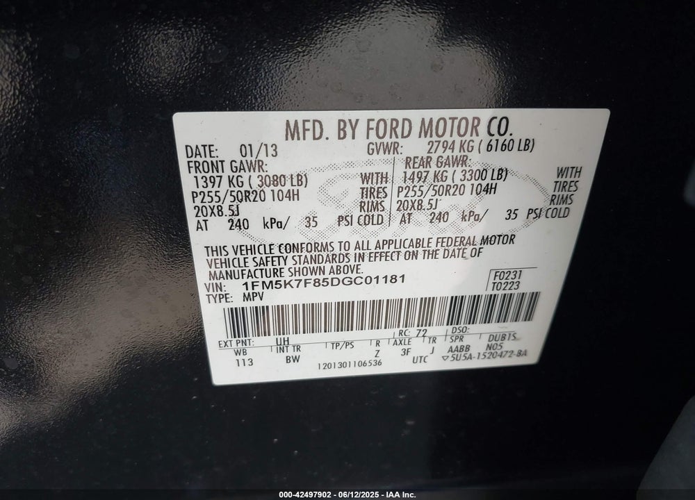 2013 FORD EXPLORER LIMITED VIN: 1FM5K7F85DGC01181