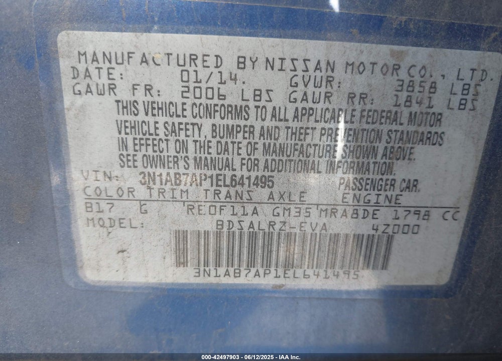 2014 NISSAN SENTRA SR VIN: 3N1AB7AP1EL641495